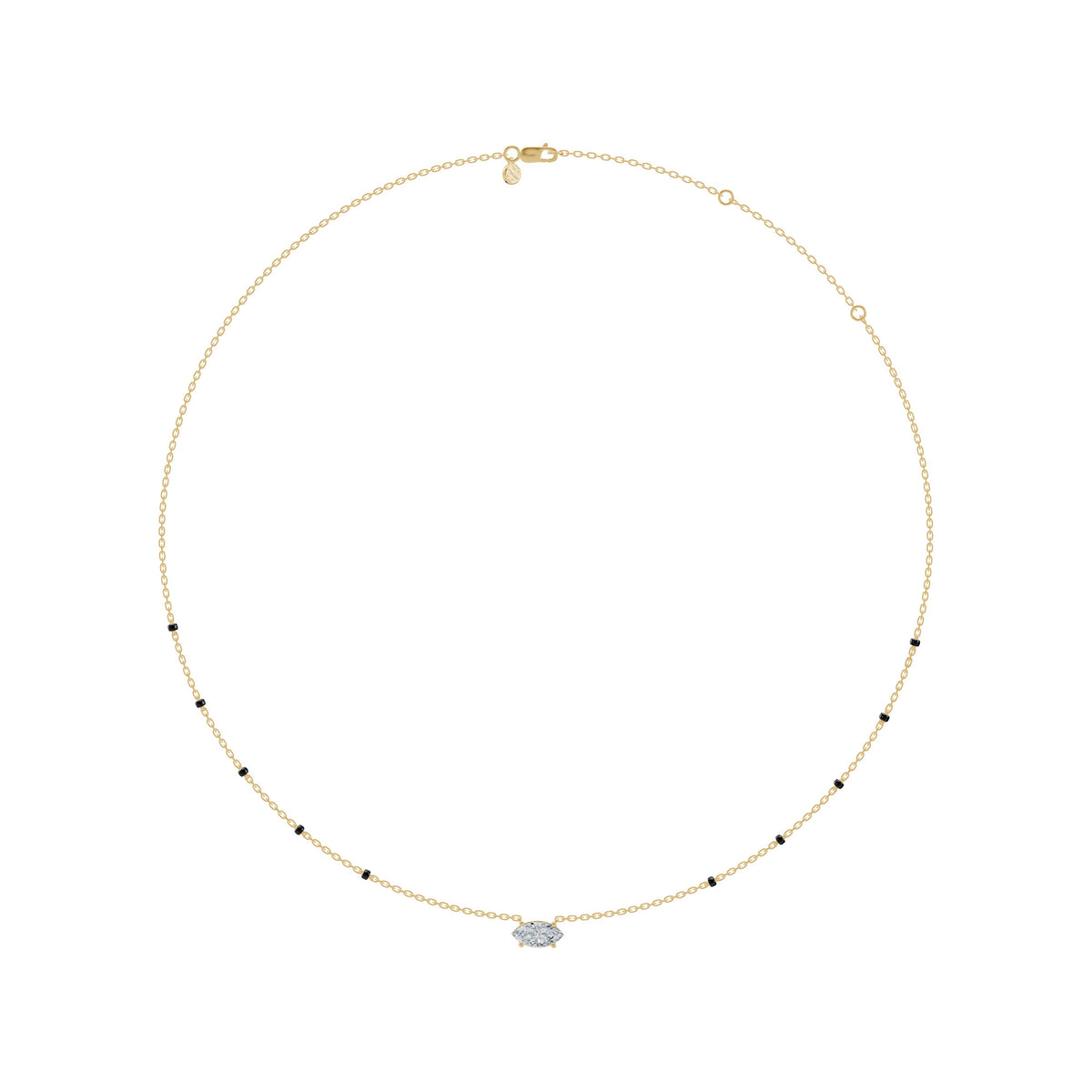 Full-length view of the Myra Mangalsutra in 18K yellow gold on its black bead chain
