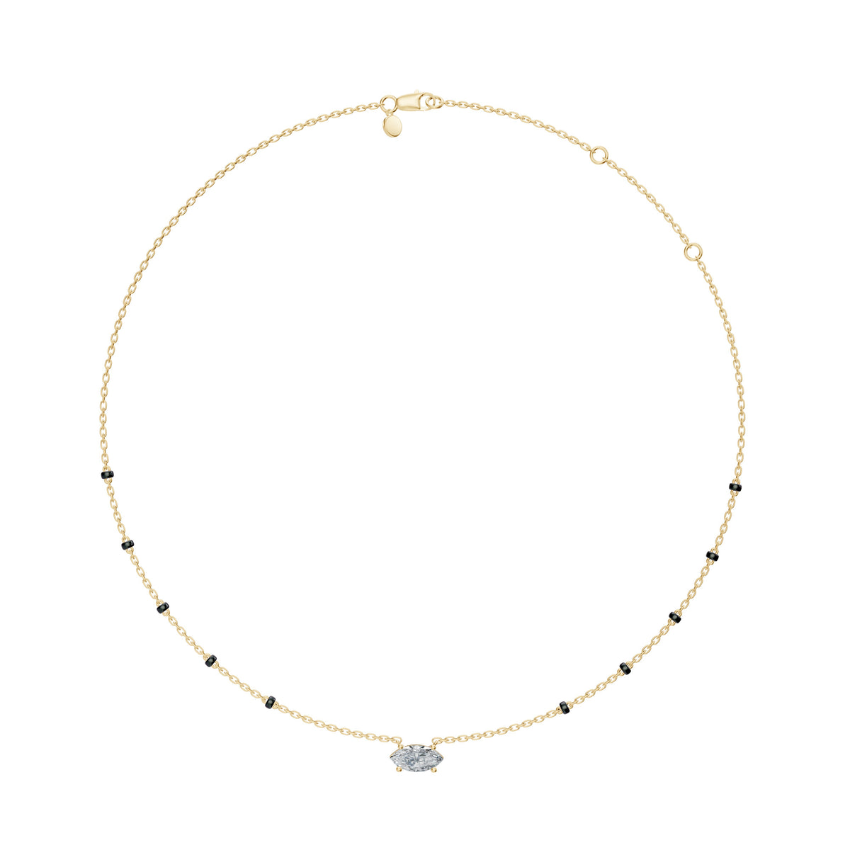 Full-length view of the Myra Mangalsutra in 18K yellow gold on its black bead chain
