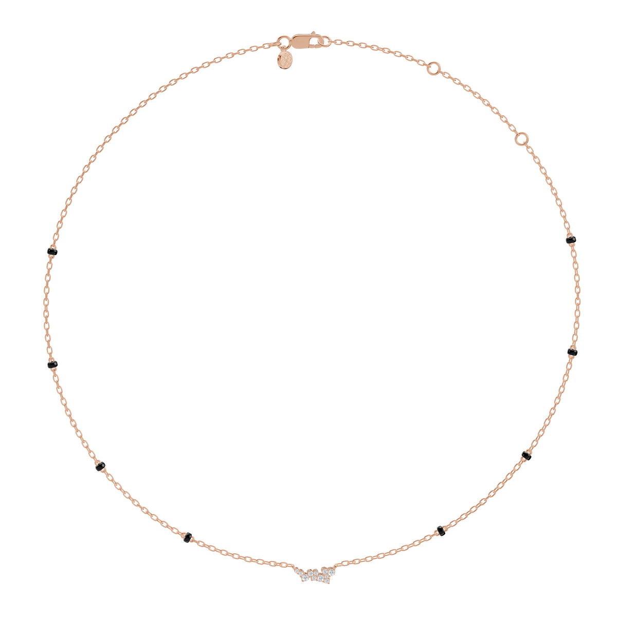 Full-length view of the Nakshi Mangalsutra in 18K rose gold on its black bead chain