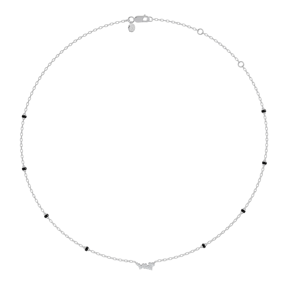 Full-length view of the Nakshi Mangalsutra in 18K white gold on its black bead chain