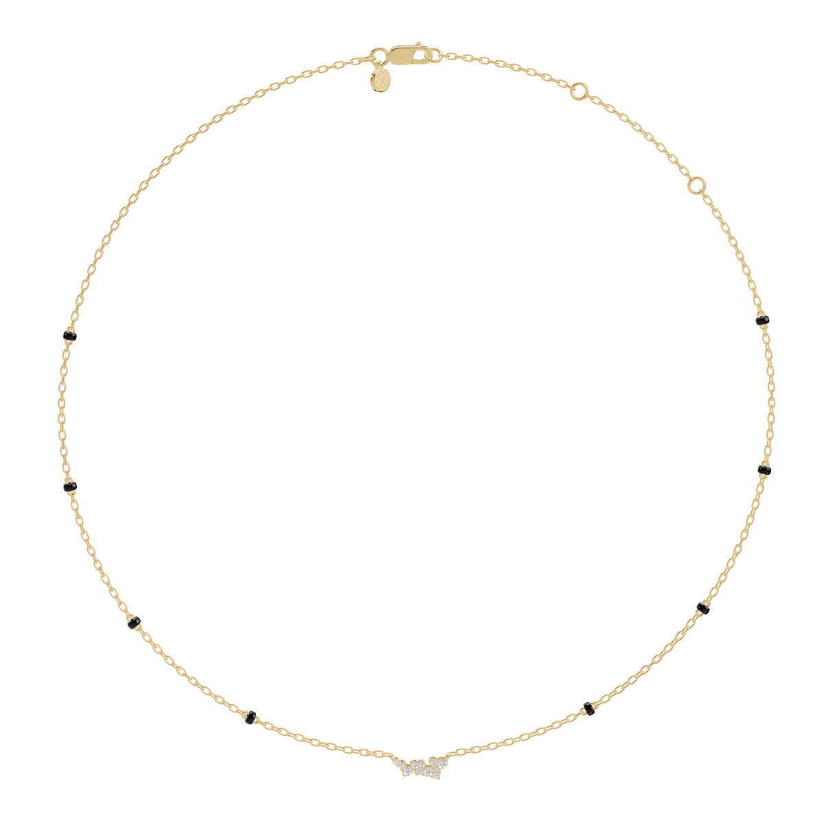 Full-length view of the Nakshi Mangalsutra in 18K yellow gold on its black bead chain