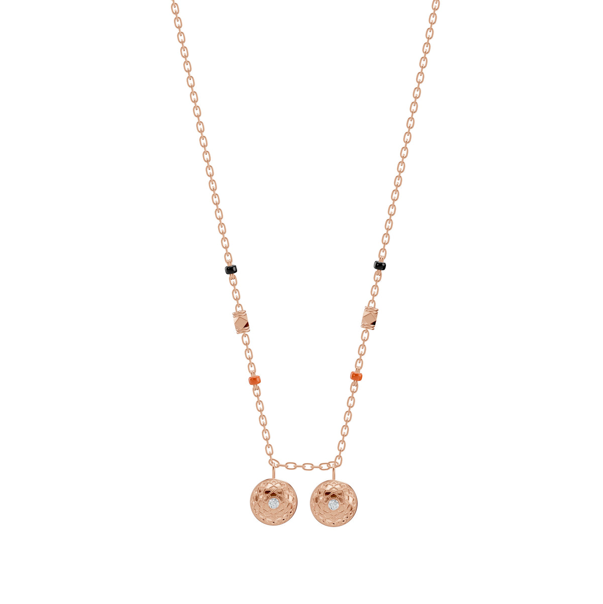 Neha Thaali in 18-karat rose gold with a reversible Telugu bottu thaali, front view