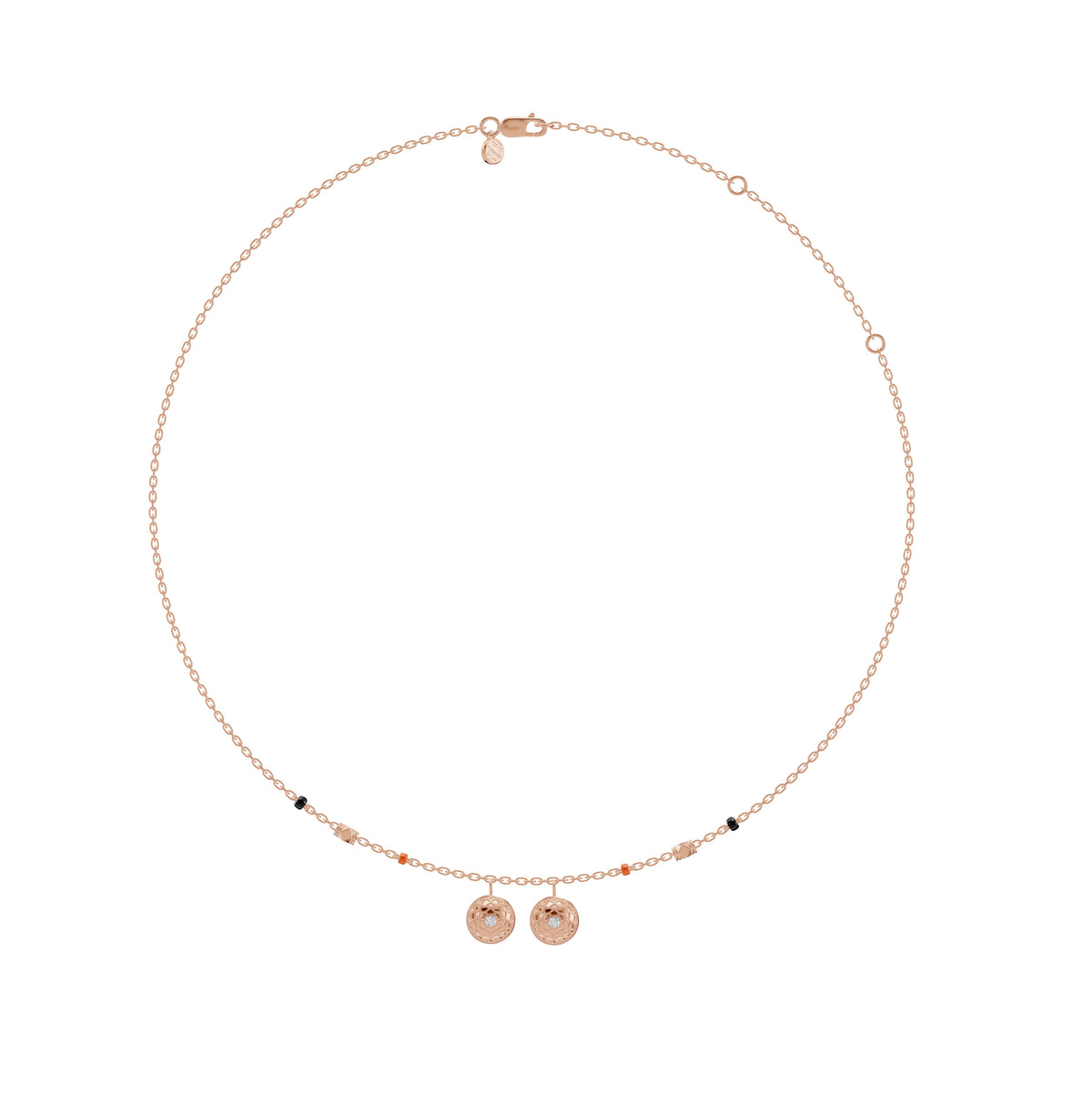 Full-length view of the Neha Thaali in 18-karat rose gold on its black bead chain