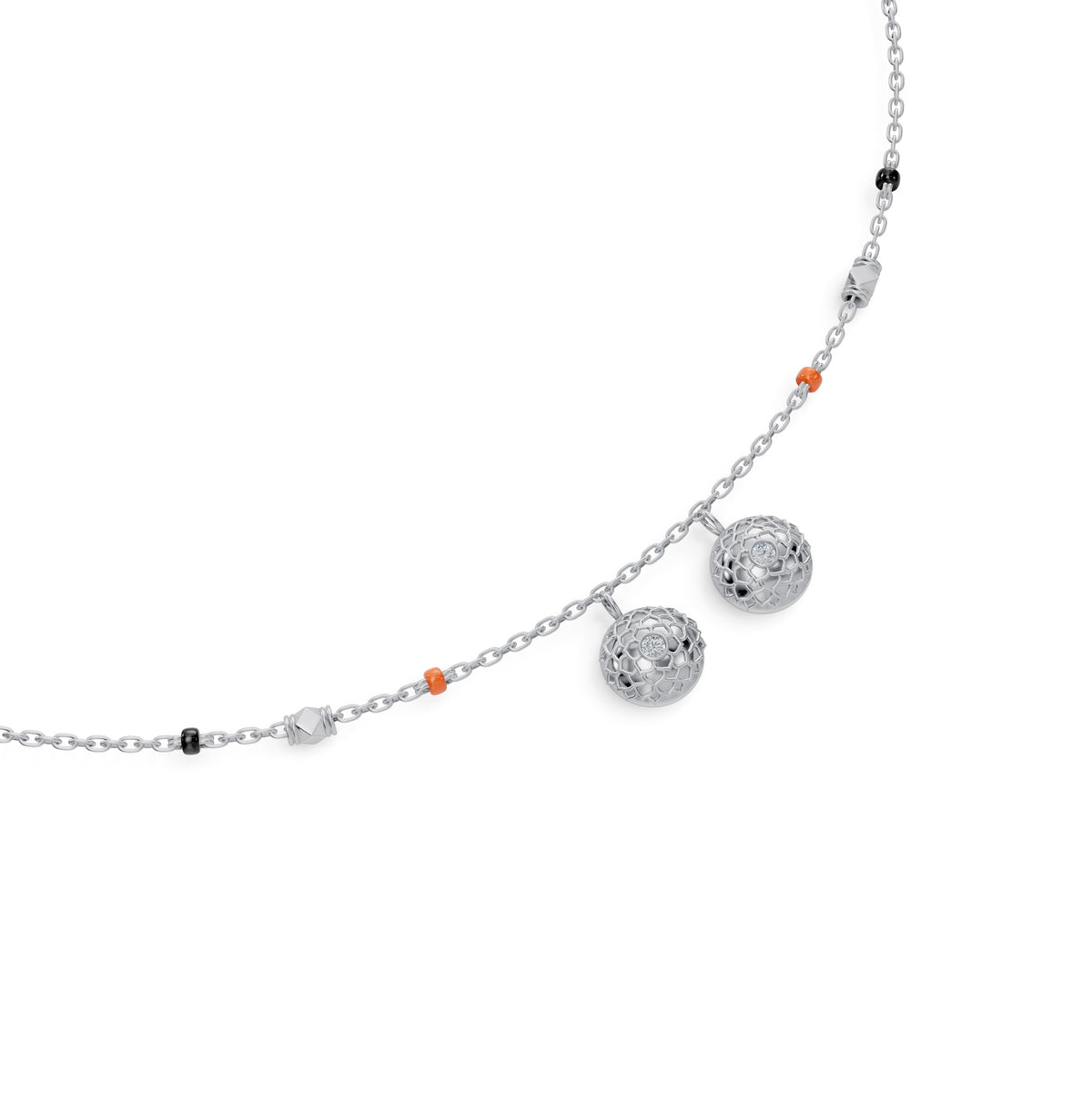 Close-up of the reversible Telugu bottu thaali on the Neha Thaali in 18-karat white gold