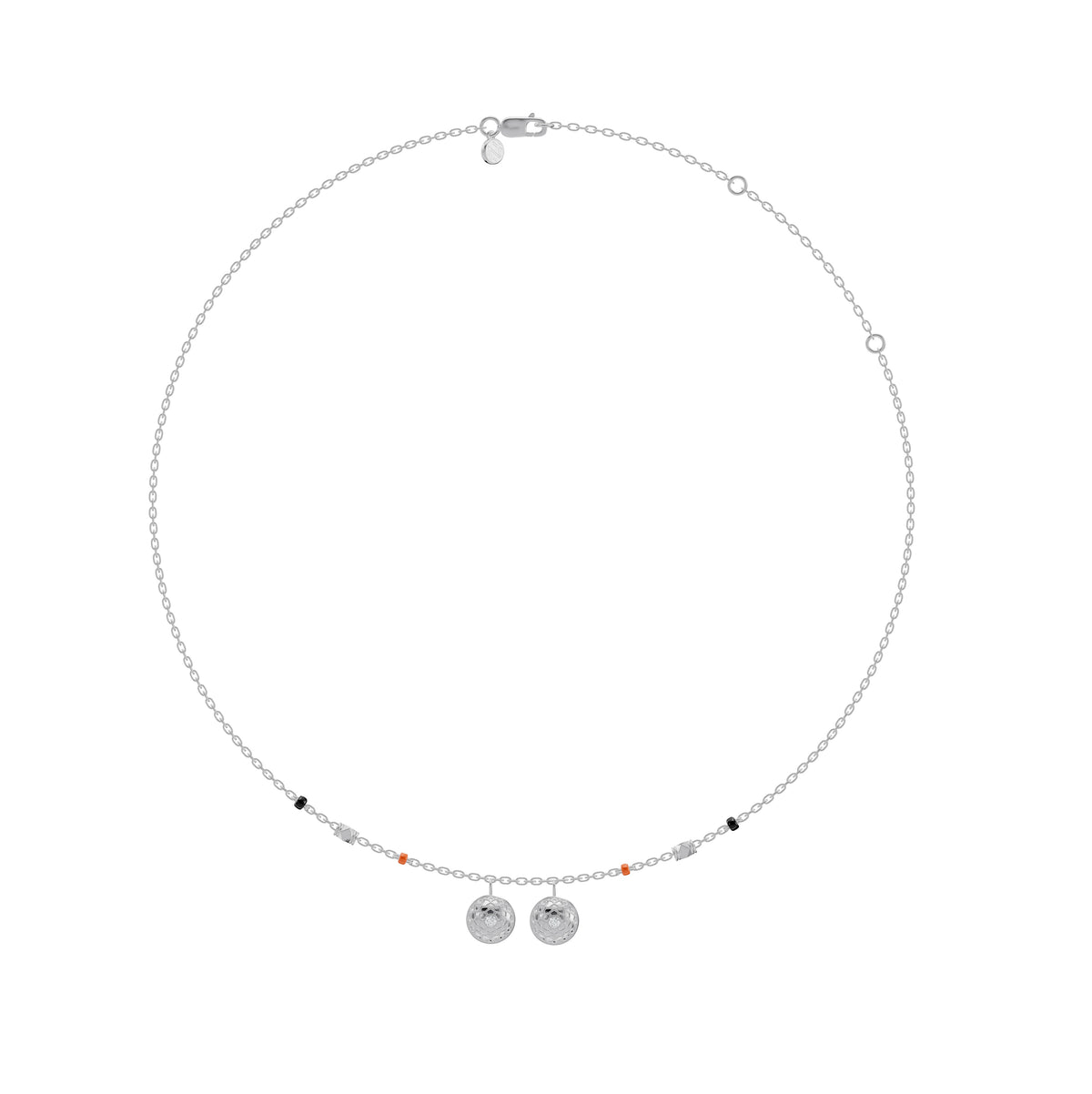 Full-length view of the Neha Thaali in 18-karat white gold on its black bead chain
