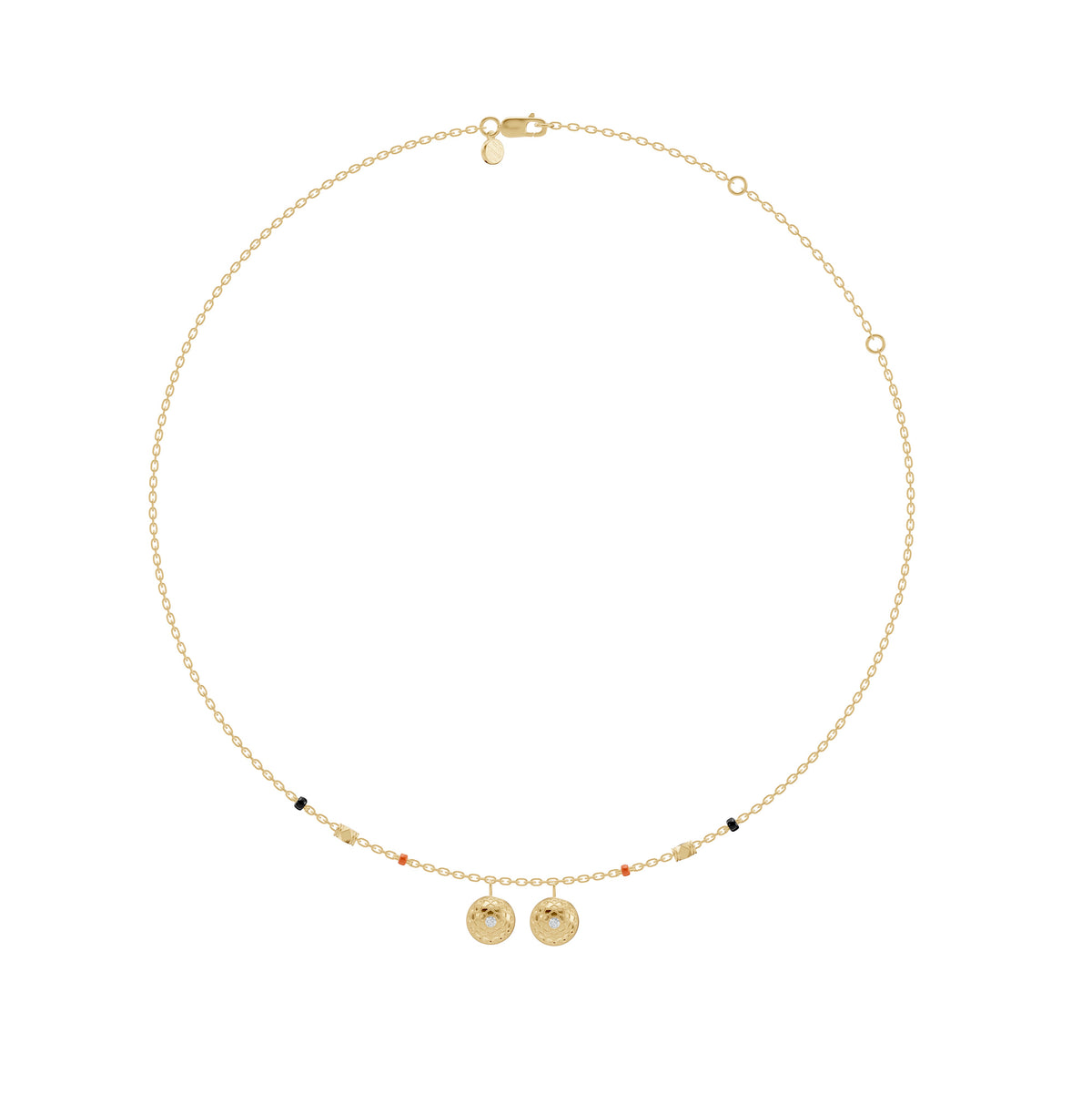 Full-length view of the Neha Thaali in 18-karat yellow gold on its black bead chain