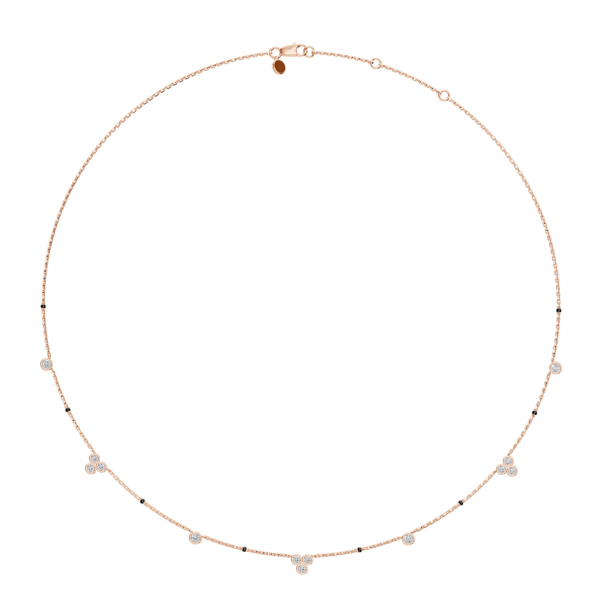 Full-length view of the Nidhi Mangalsutra in 18K rose gold on its black bead chain