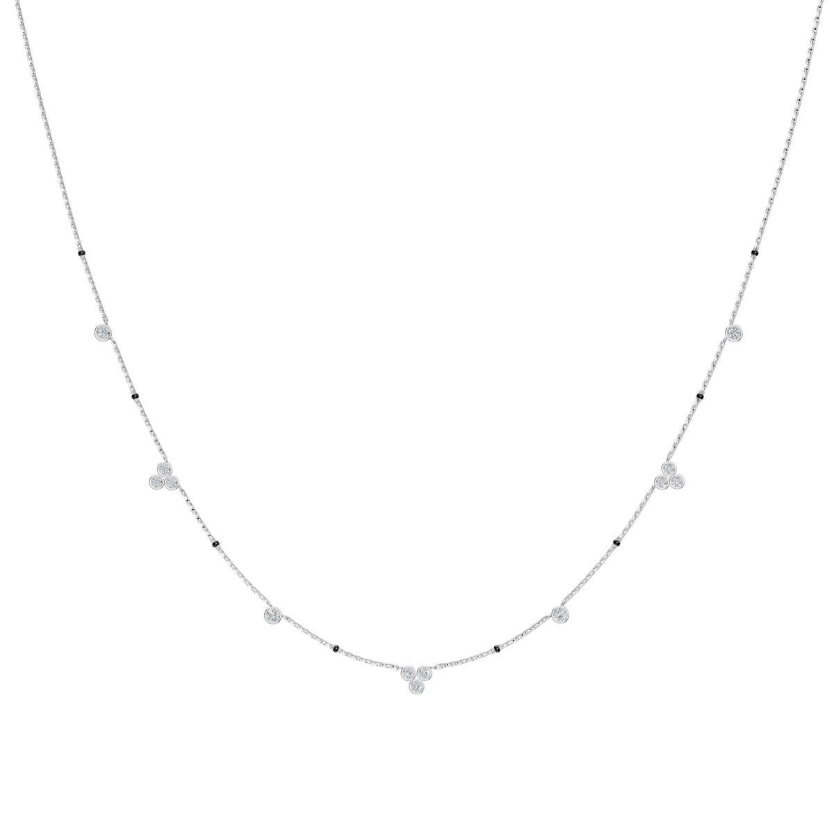 Nidhi Mangalsutra in 18K white gold with bezel-set diamond stations, front view