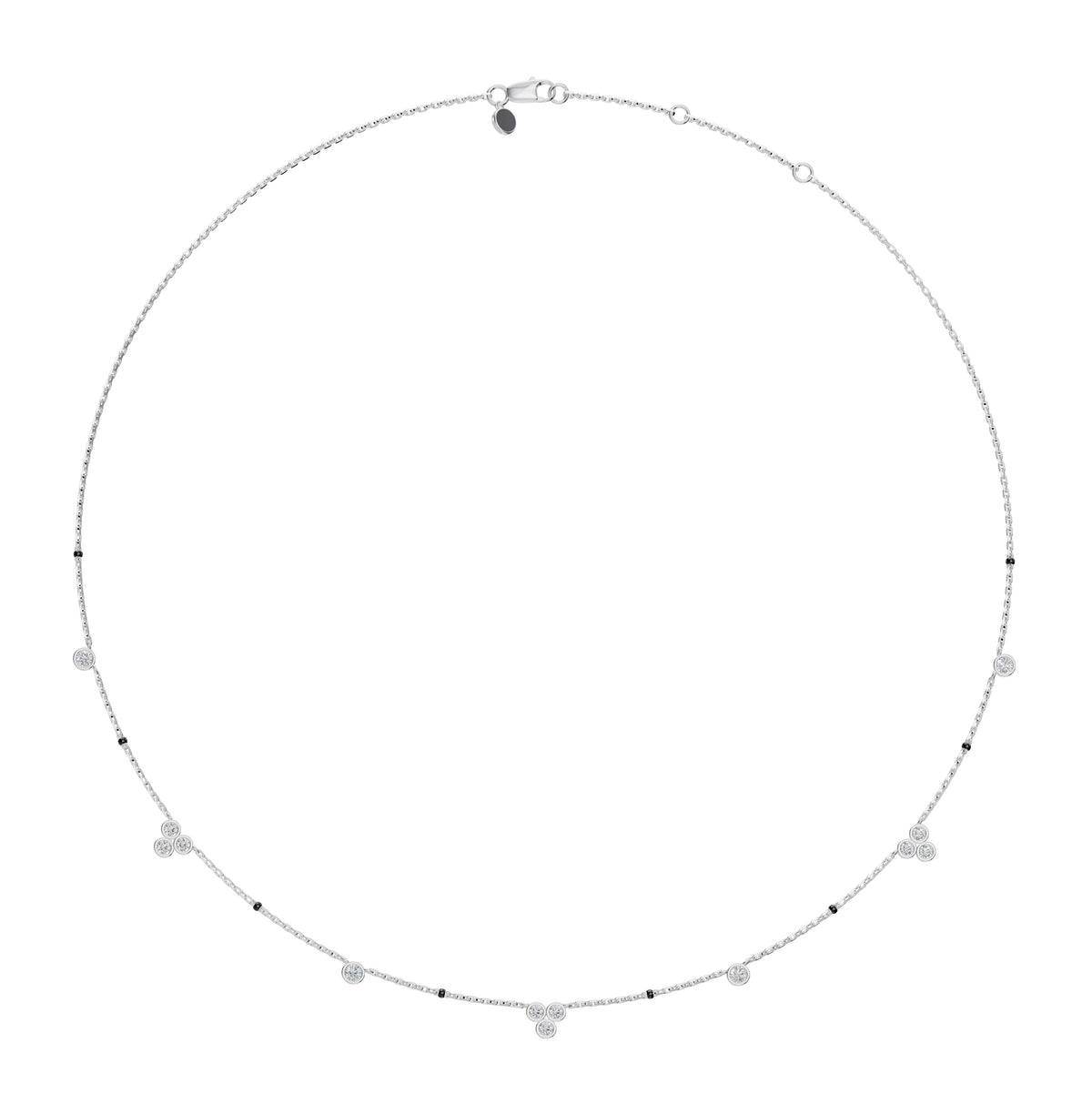 Full-length view of the Nidhi Mangalsutra in 18K white gold on its black bead chain