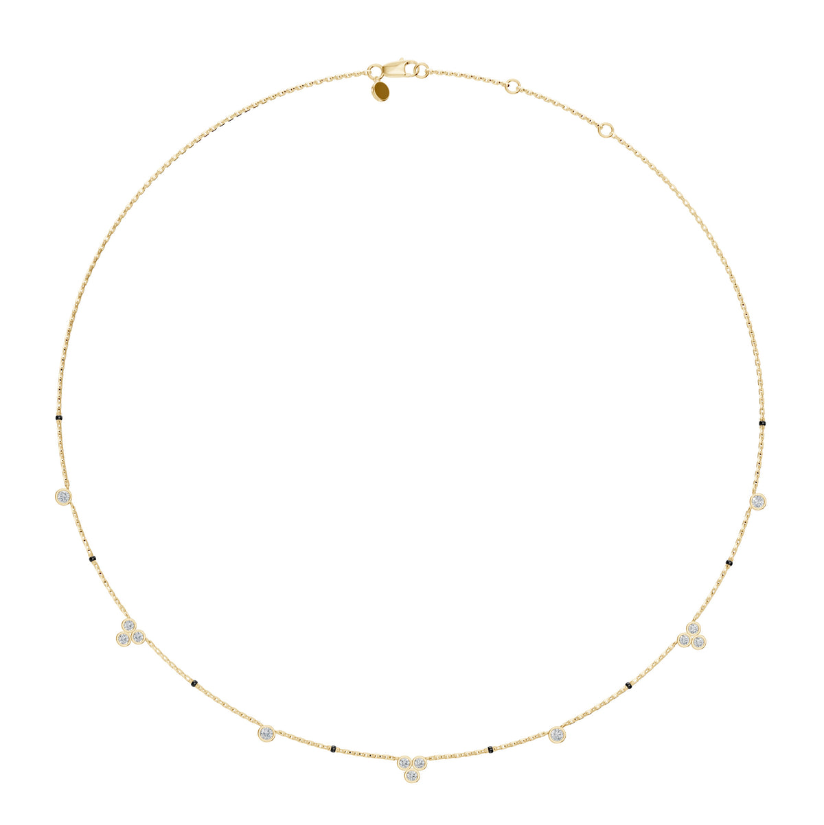 Full-length view of the Nidhi Mangalsutra in 18K yellow gold on its black bead chain