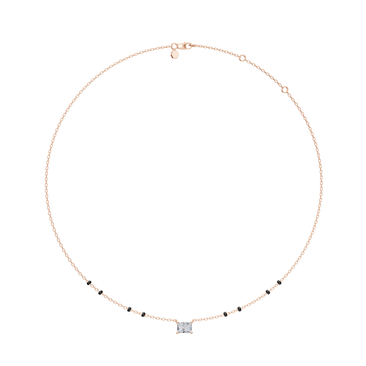 Full-length view of the Radhi Mangalsutra in 18K rose gold on its black bead chain