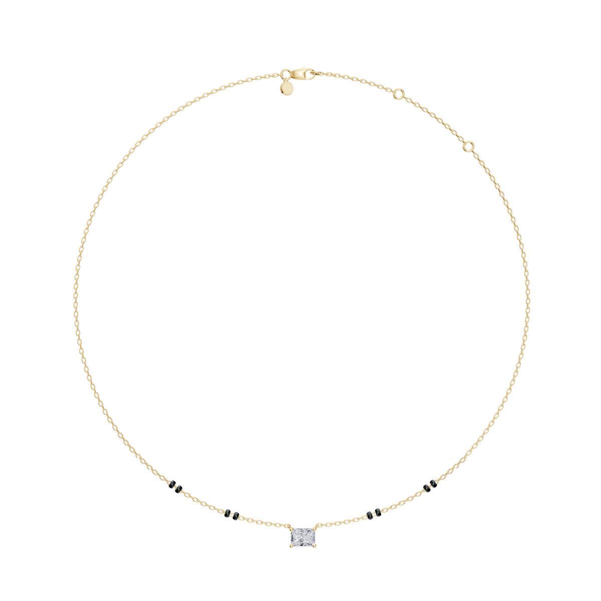 Full-length view of the Radhi Mangalsutra in 18K yellow gold on its black bead chain