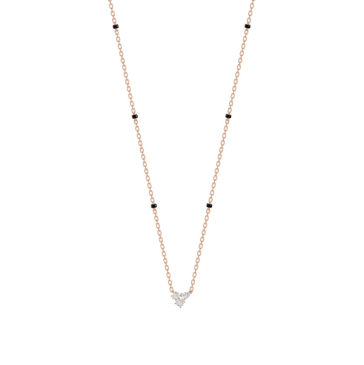Reema Mangalsutra in 18K rose gold with a three-diamond cluster, front view