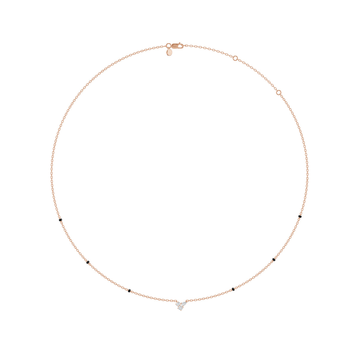 Full-length view of the Reema Mangalsutra in 18K rose gold on its black bead chain, view 2
