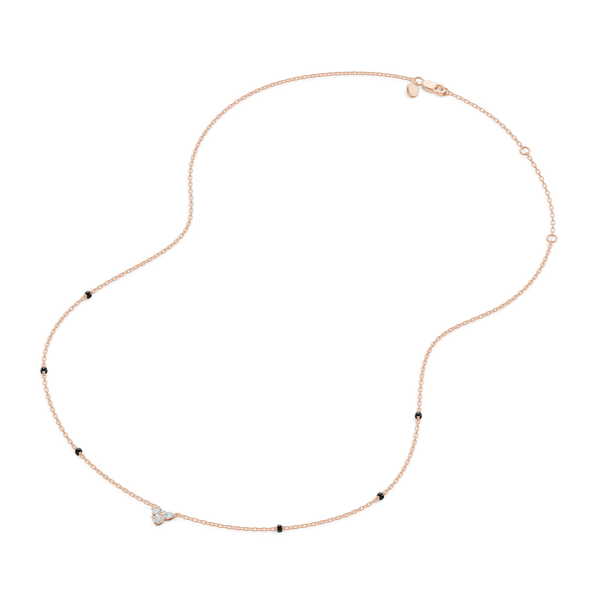 Full-length view of the Reema Mangalsutra in 18K rose gold on its black bead chain