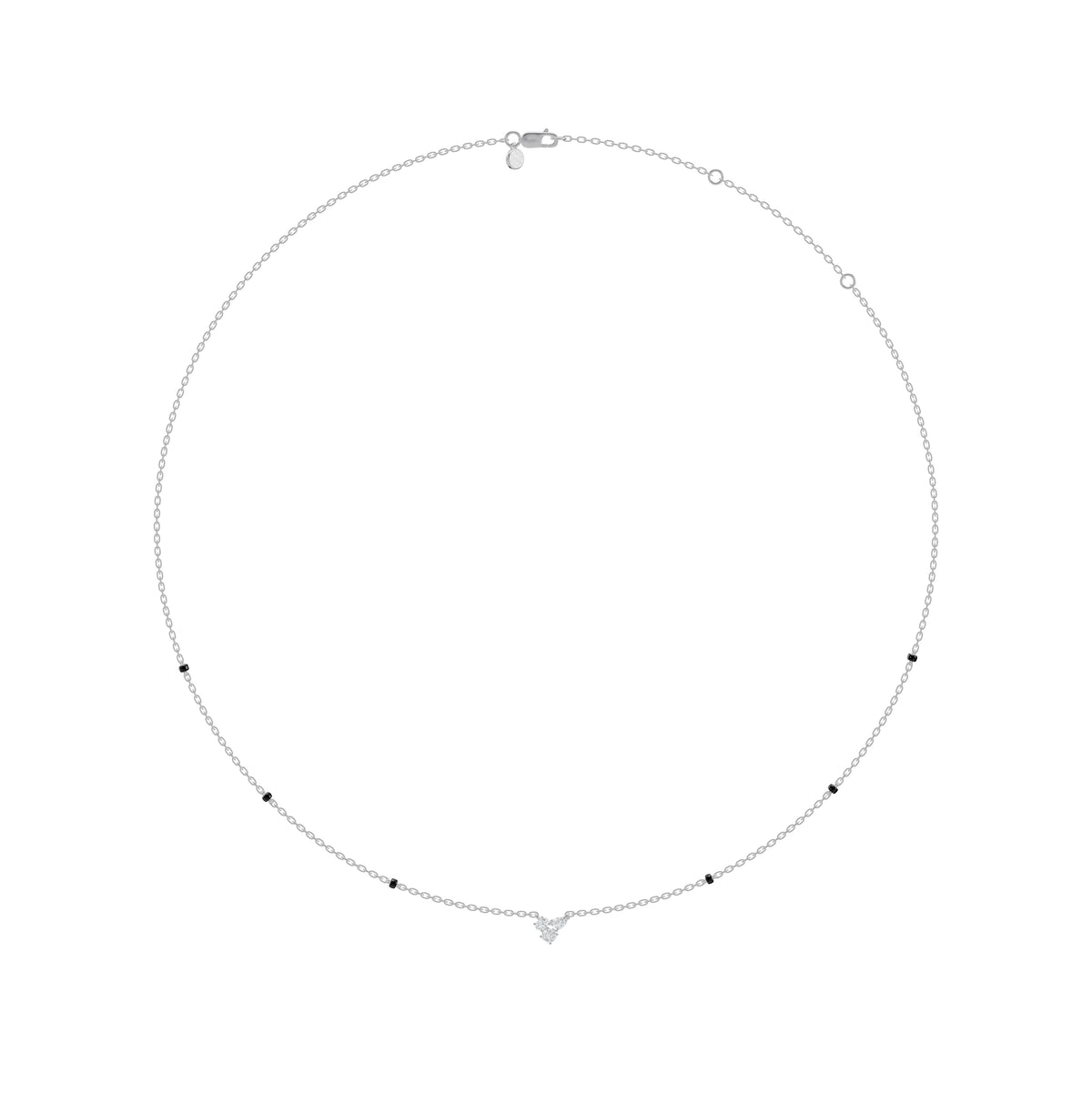 Full-length view of the Reema Mangalsutra in 18K white gold on its black bead chain, view 2