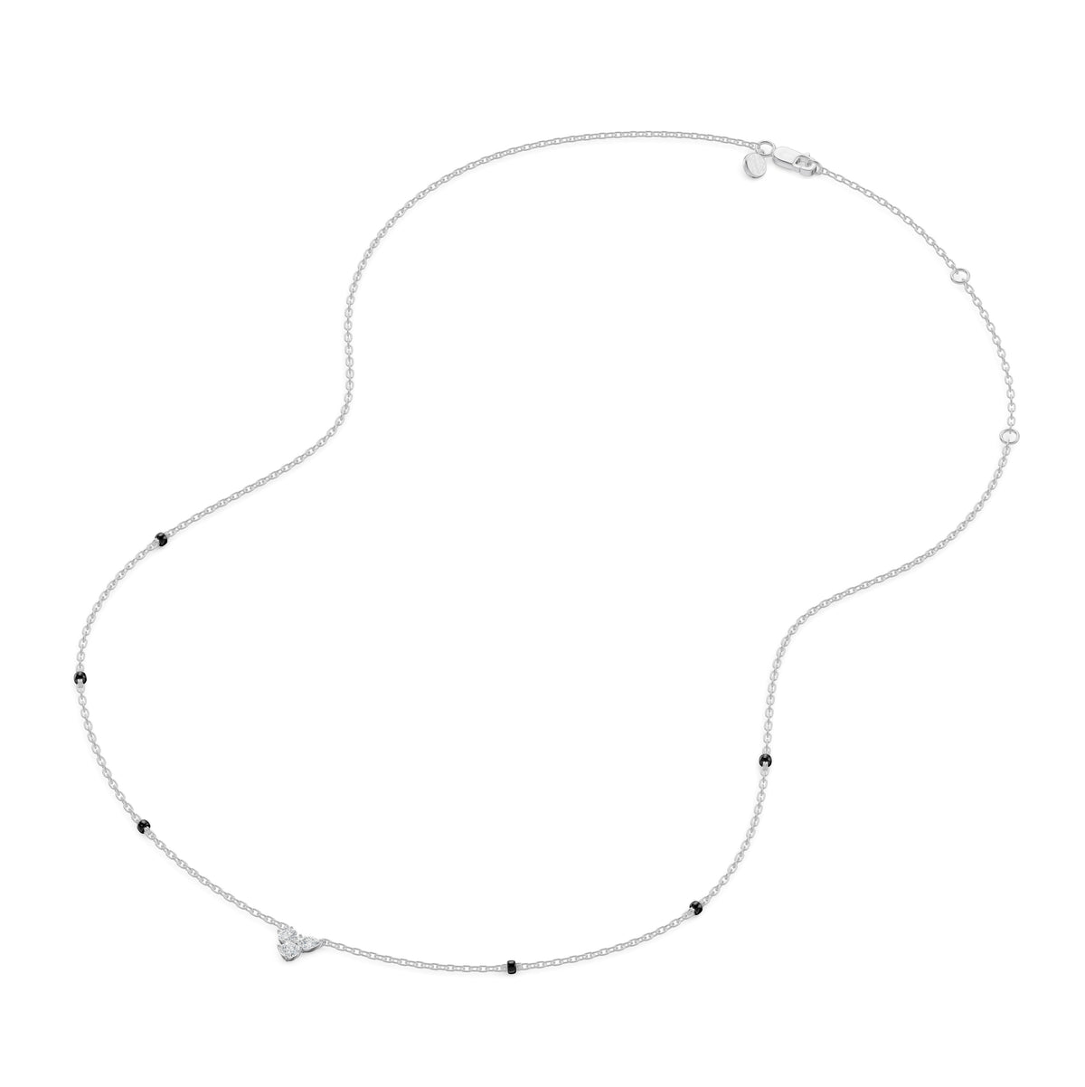 Full-length view of the Reema Mangalsutra in 18K white gold on its black bead chain
