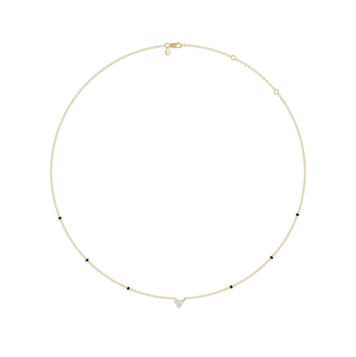 Full-length view of the Reema Mangalsutra in 18K yellow gold on its black bead chain, view 2