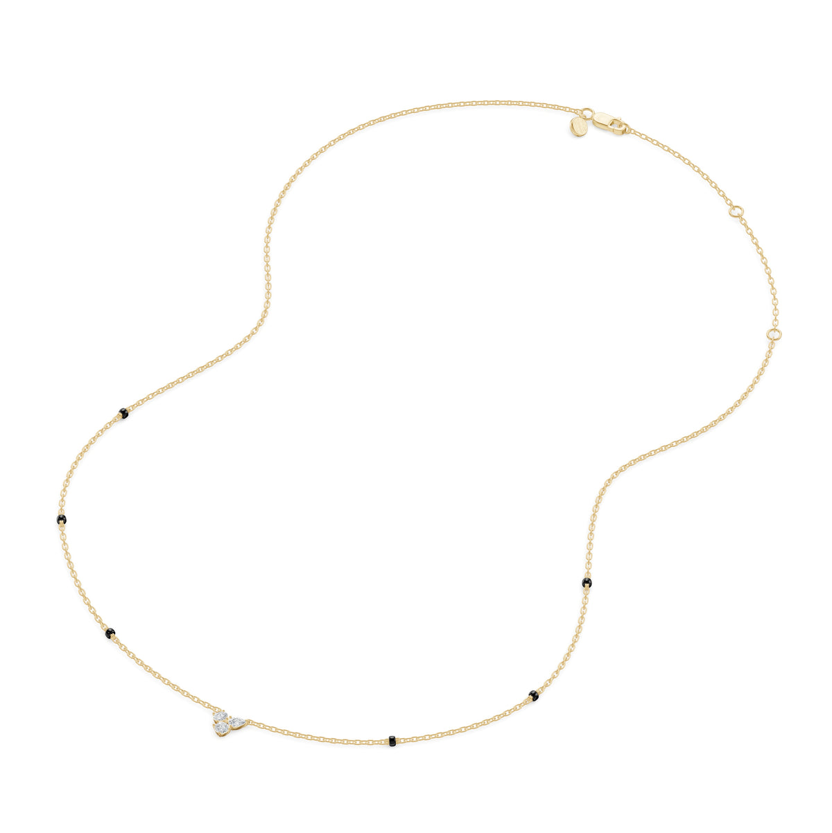 Full-length view of the Reema Mangalsutra in 18K yellow gold on its black bead chain