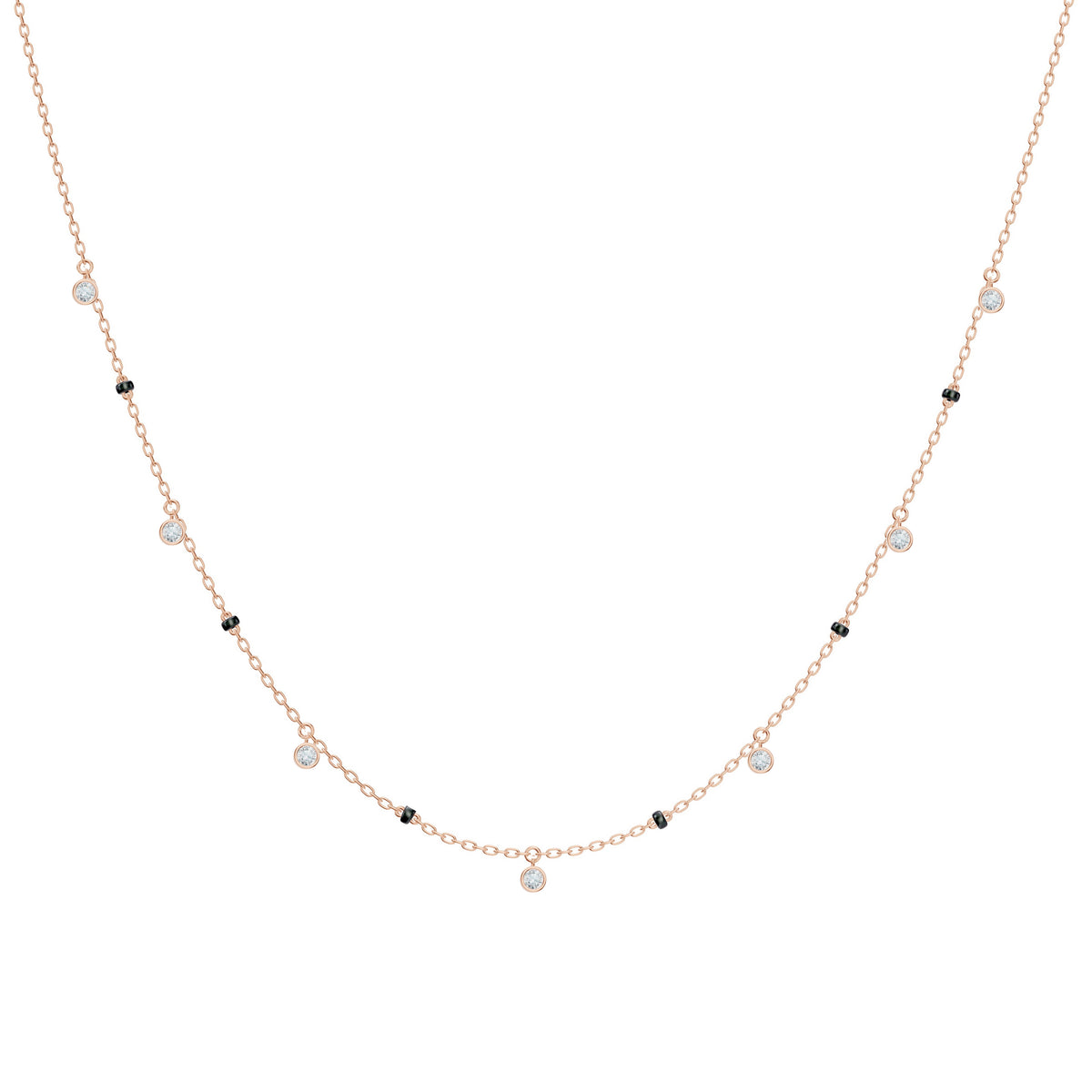 Sanjana Mangalsutra in 18K rose gold with dangling bezel-set round lab-grown diamonds, front view