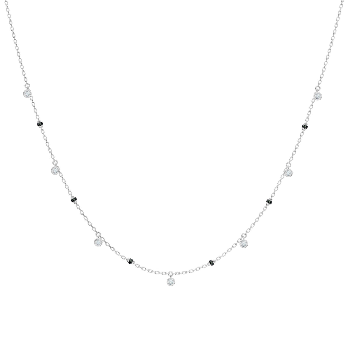Sanjana Mangalsutra in 18K white gold with dangling bezel-set round lab-grown diamonds, front view