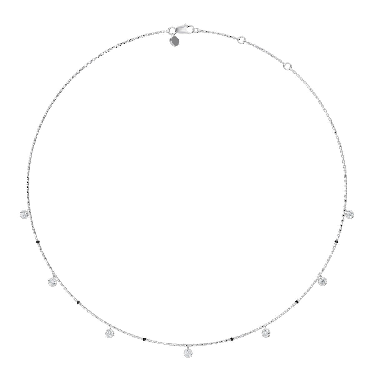 Full-length view of the Sanjana Mangalsutra in 18K white gold on its black bead chain