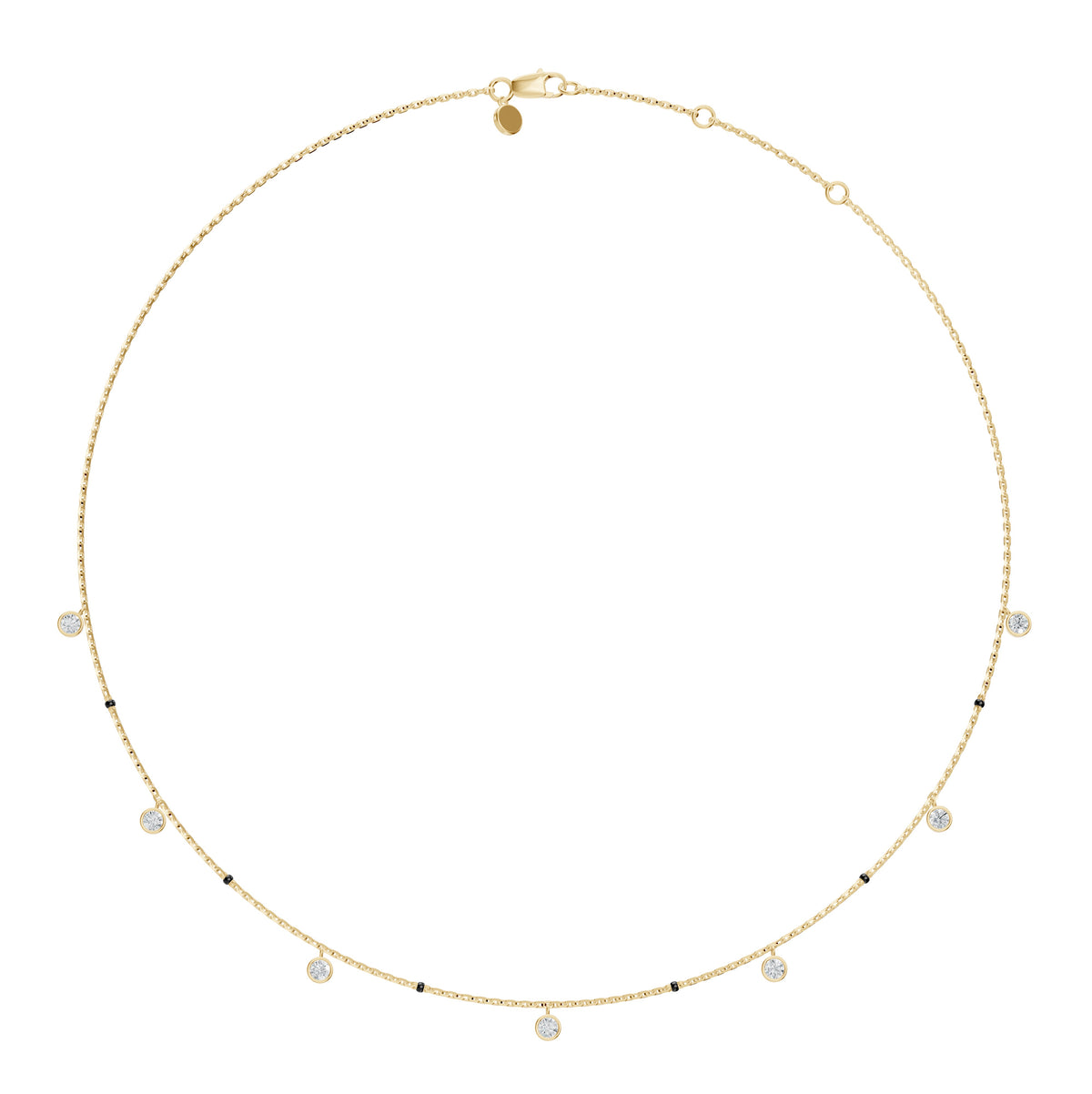 Full-length view of the Sanjana Mangalsutra in 18K yellow gold on its black bead chain