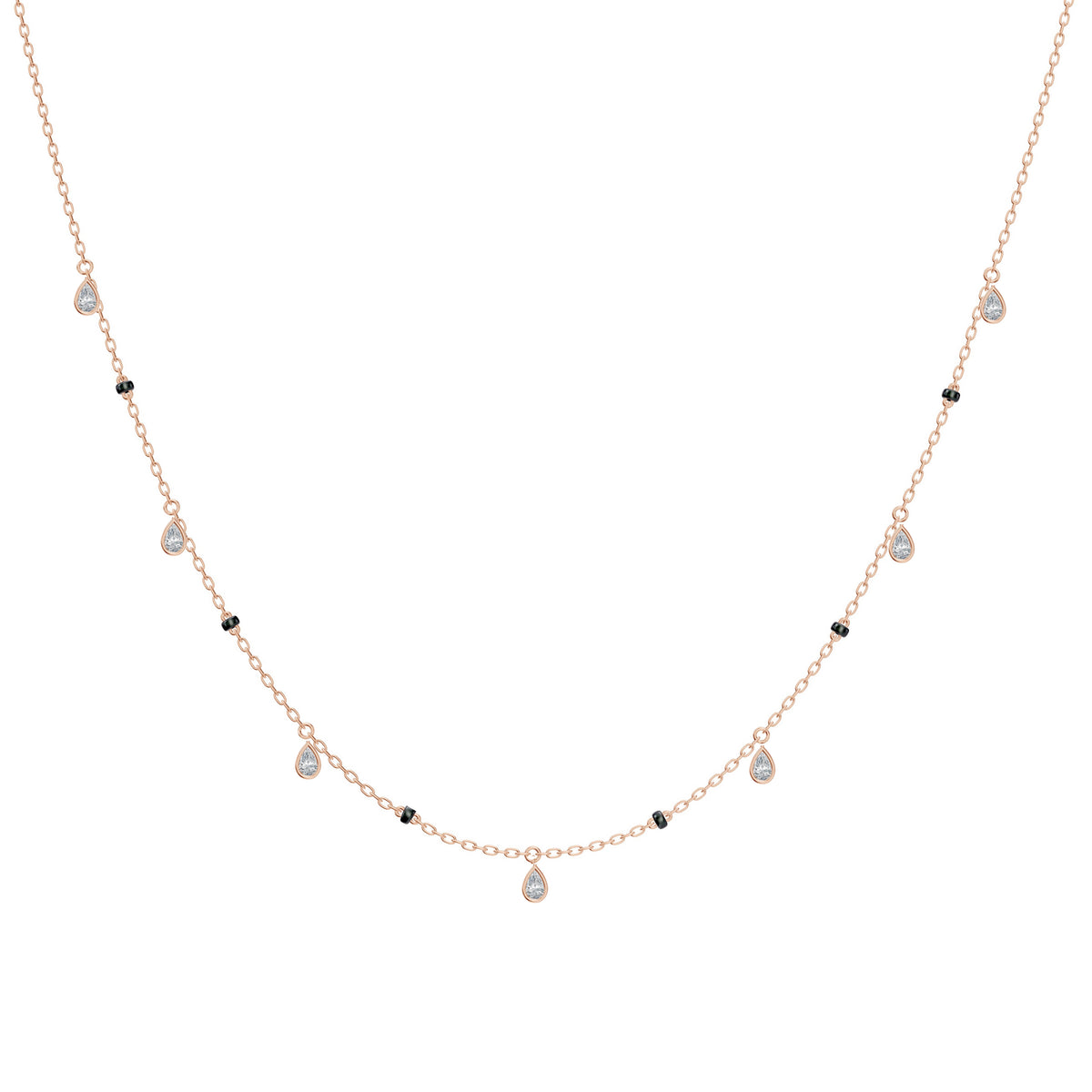 Shivani Mangalsutra in 18K rose gold with dangling bezel-set pear lab-grown diamonds, front view