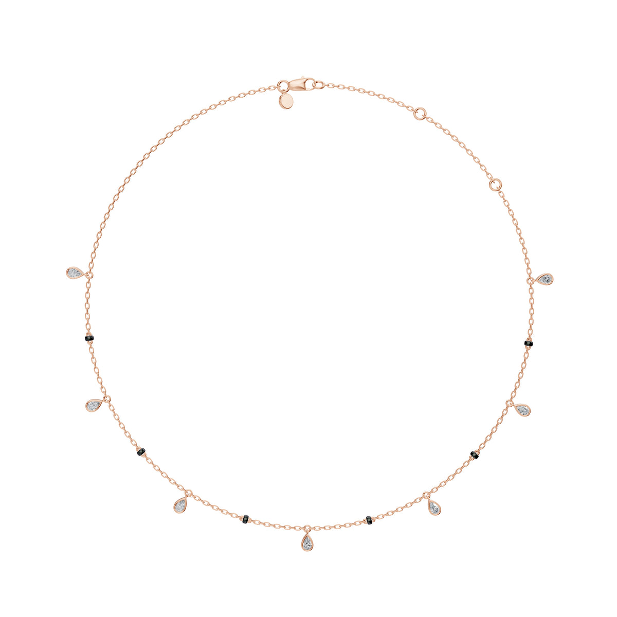 Full-length view of the Shivani Mangalsutra in 18K rose gold on its black bead chain