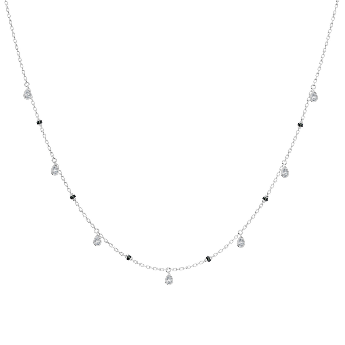 Shivani Mangalsutra in 18K white gold with dangling bezel-set pear lab-grown diamonds, front view