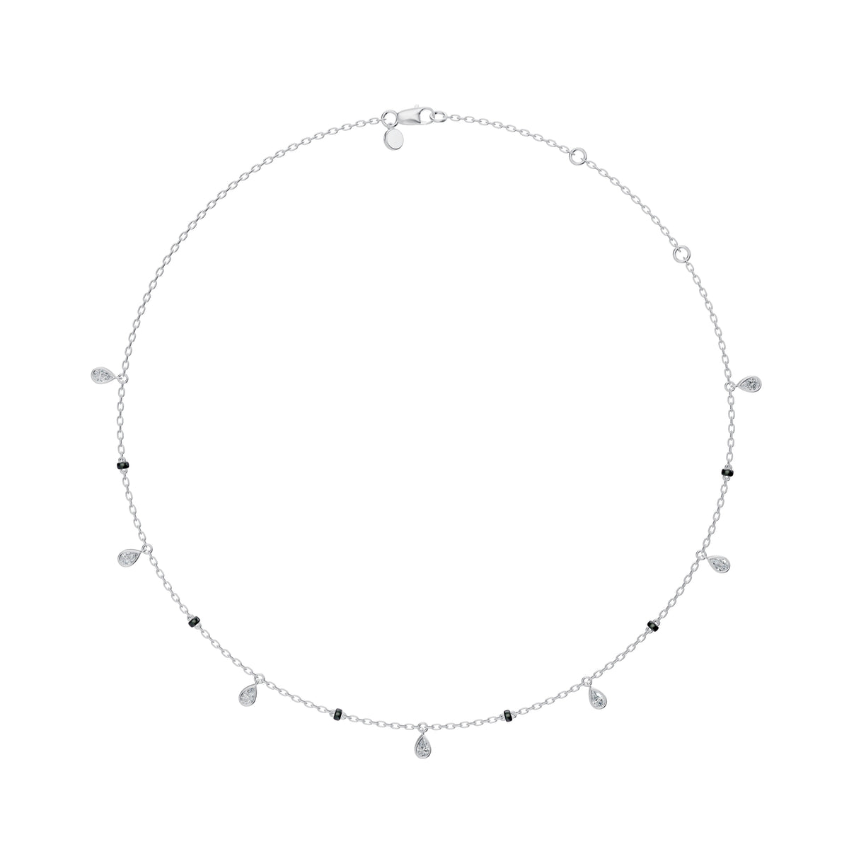 Full-length view of the Shivani Mangalsutra in 18K white gold on its black bead chain