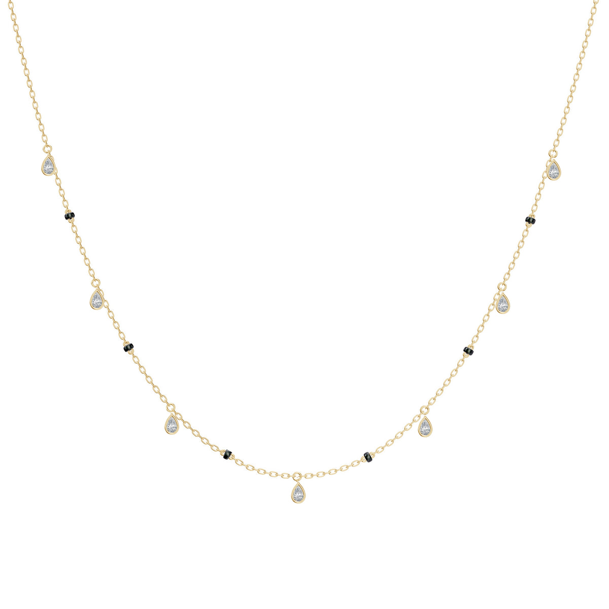 Shivani Mangalsutra in 18K yellow gold with dangling bezel-set pear lab-grown diamonds, front view