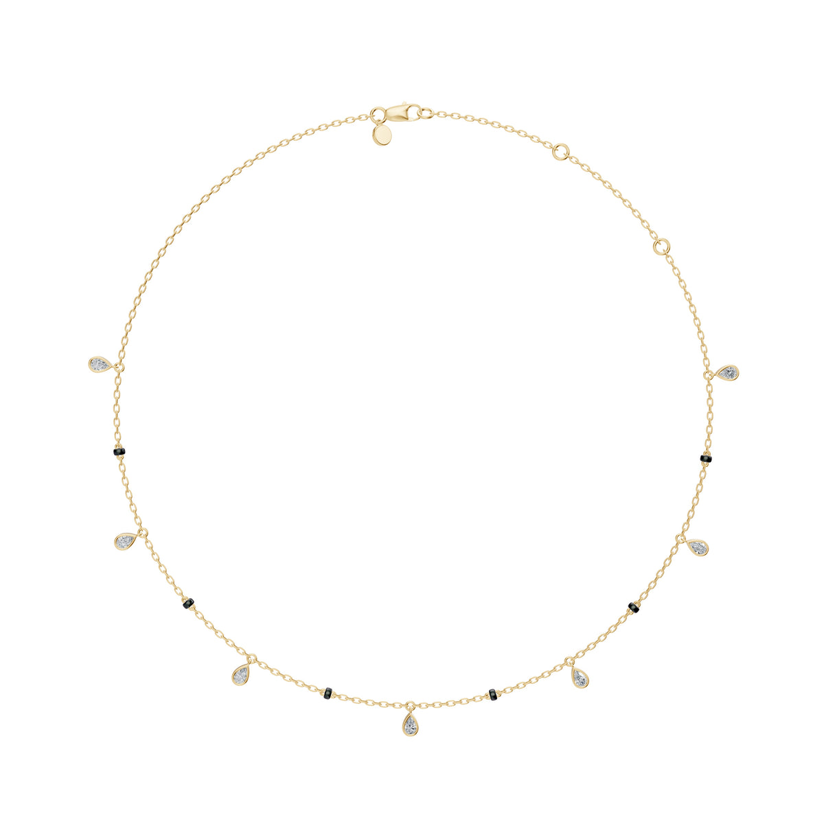 Full-length view of the Shivani Mangalsutra in 18K yellow gold on its black bead chain