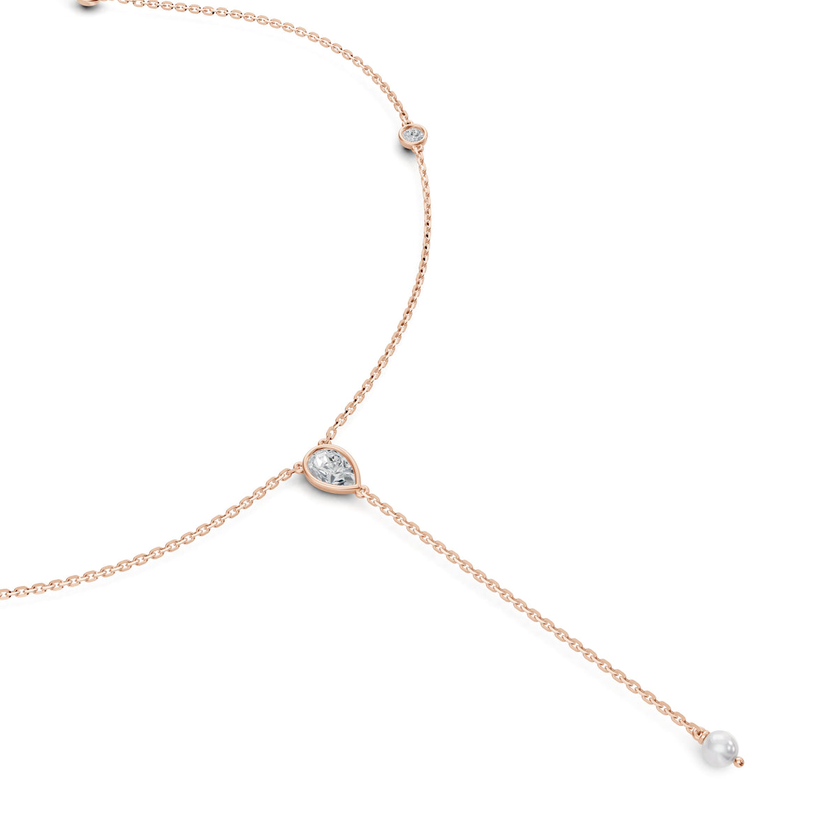 Close-up of the pearl drop and diamond lariat on the Soraya Necklace in 18K rose gold