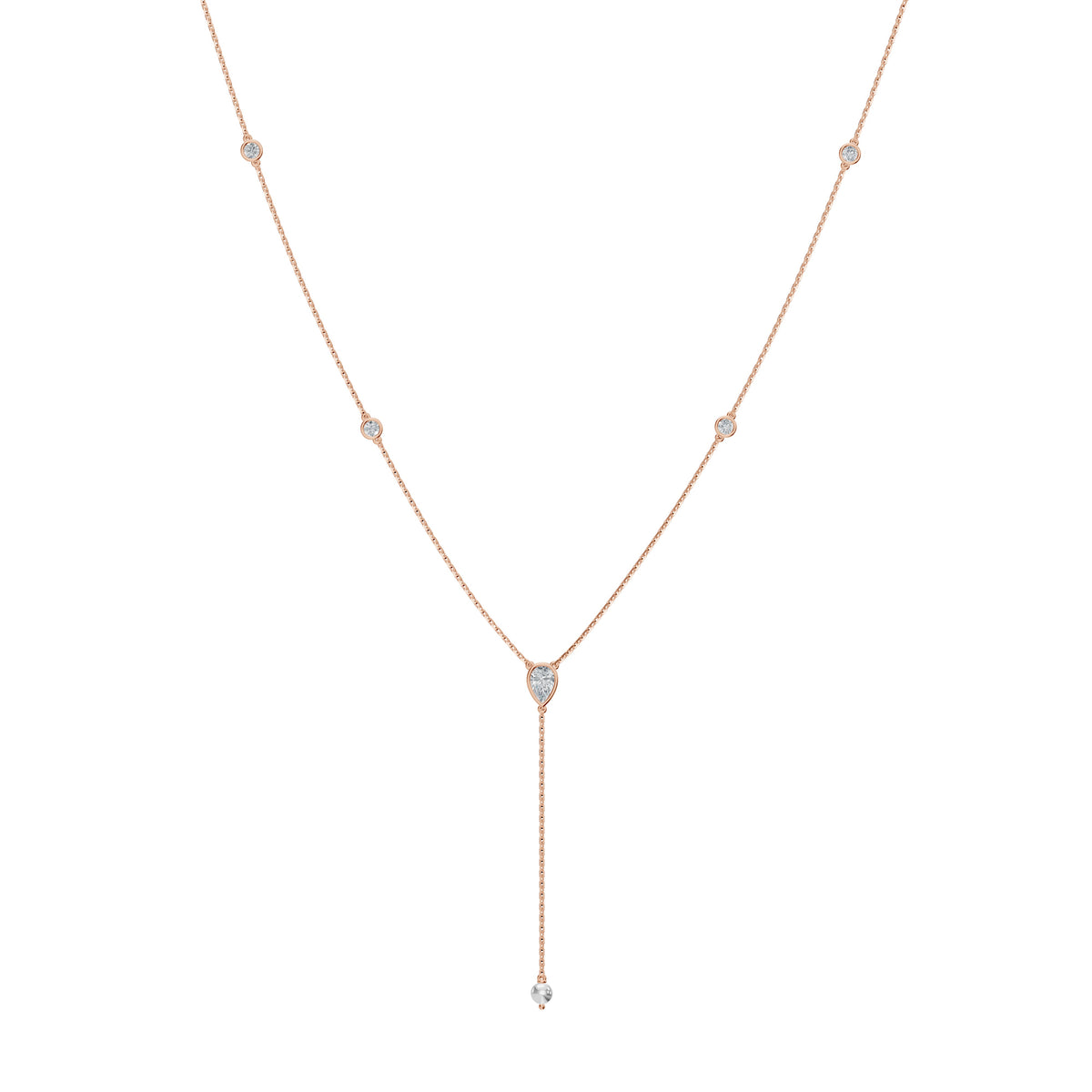 Soraya Necklace in 18K rose gold with a pearl drop and diamond lariat, front view