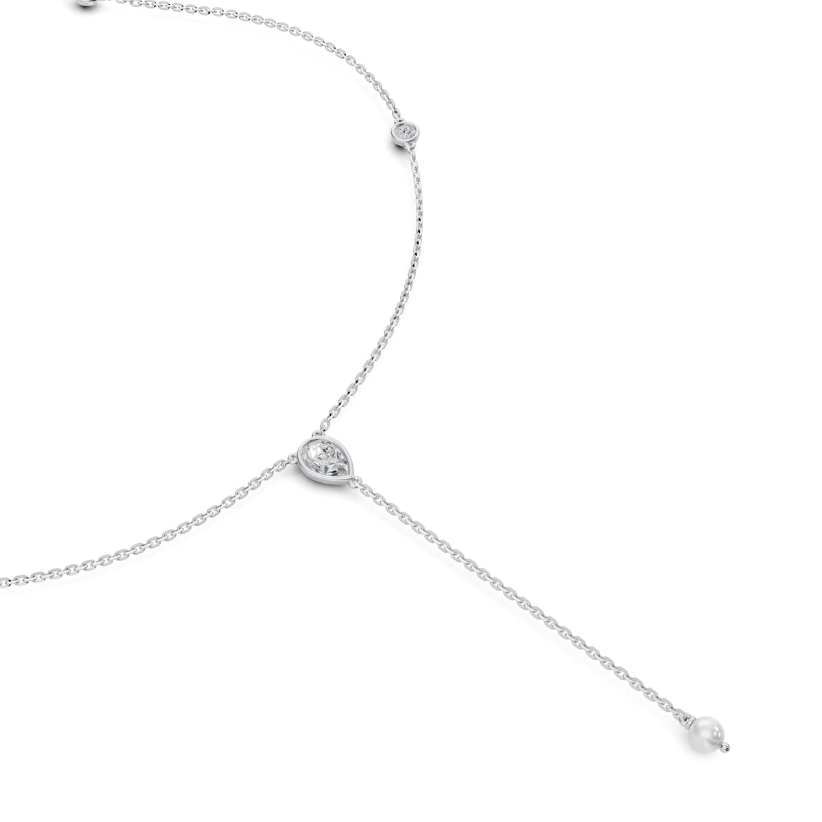 Close-up of the pearl drop and diamond lariat on the Soraya Necklace in 18K white gold