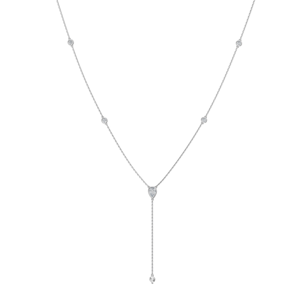 Soraya Necklace in 18K white gold with a pearl drop and diamond lariat, front view