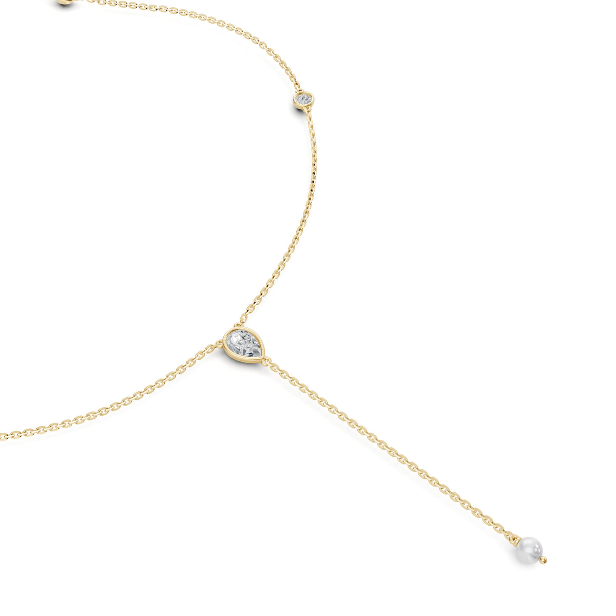 Close-up of the pearl drop and diamond lariat on the Soraya Necklace in 18K yellow gold