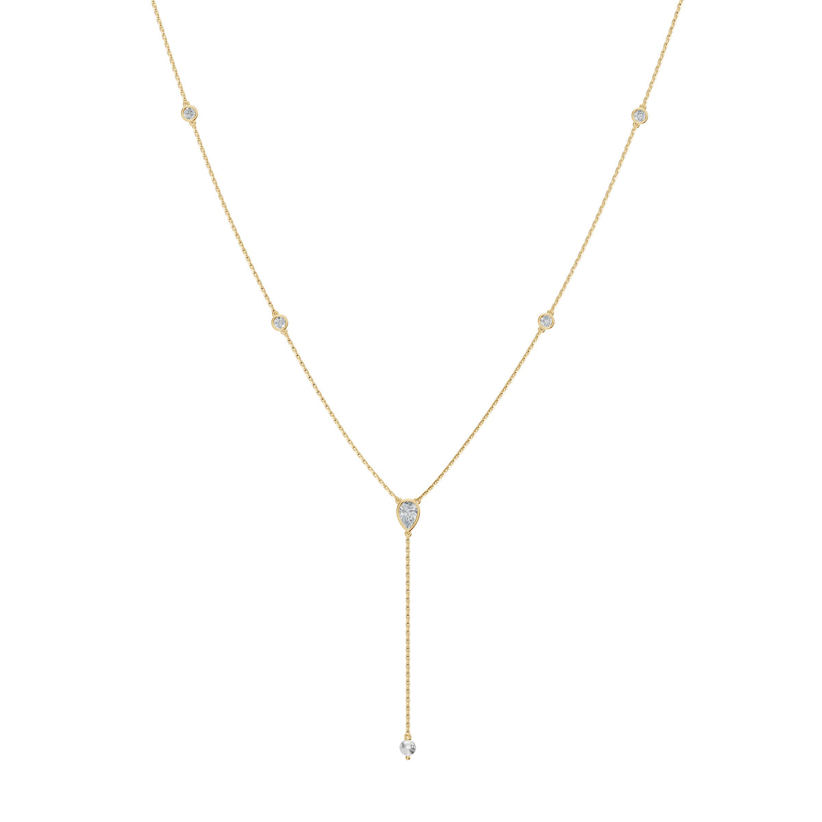 Soraya Necklace in 18K yellow gold with a pearl drop and diamond lariat, front view