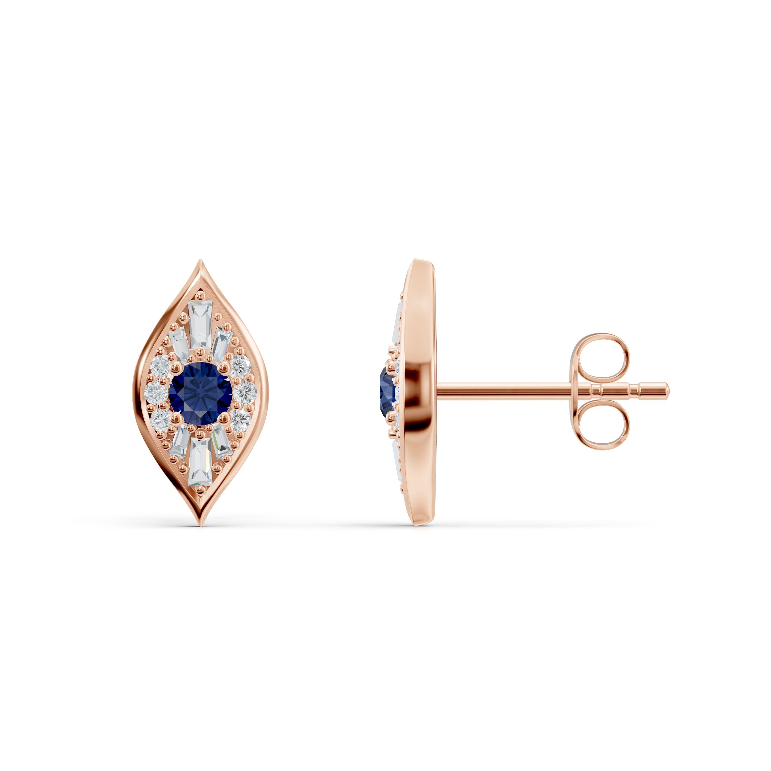 Side and front views of Modern Mangal’s Zuri Studs in Rose Gold reveal intricate evil eye-inspired geometry, set within a luxurious gold bezel and finished with secure post backings for effortless wear.