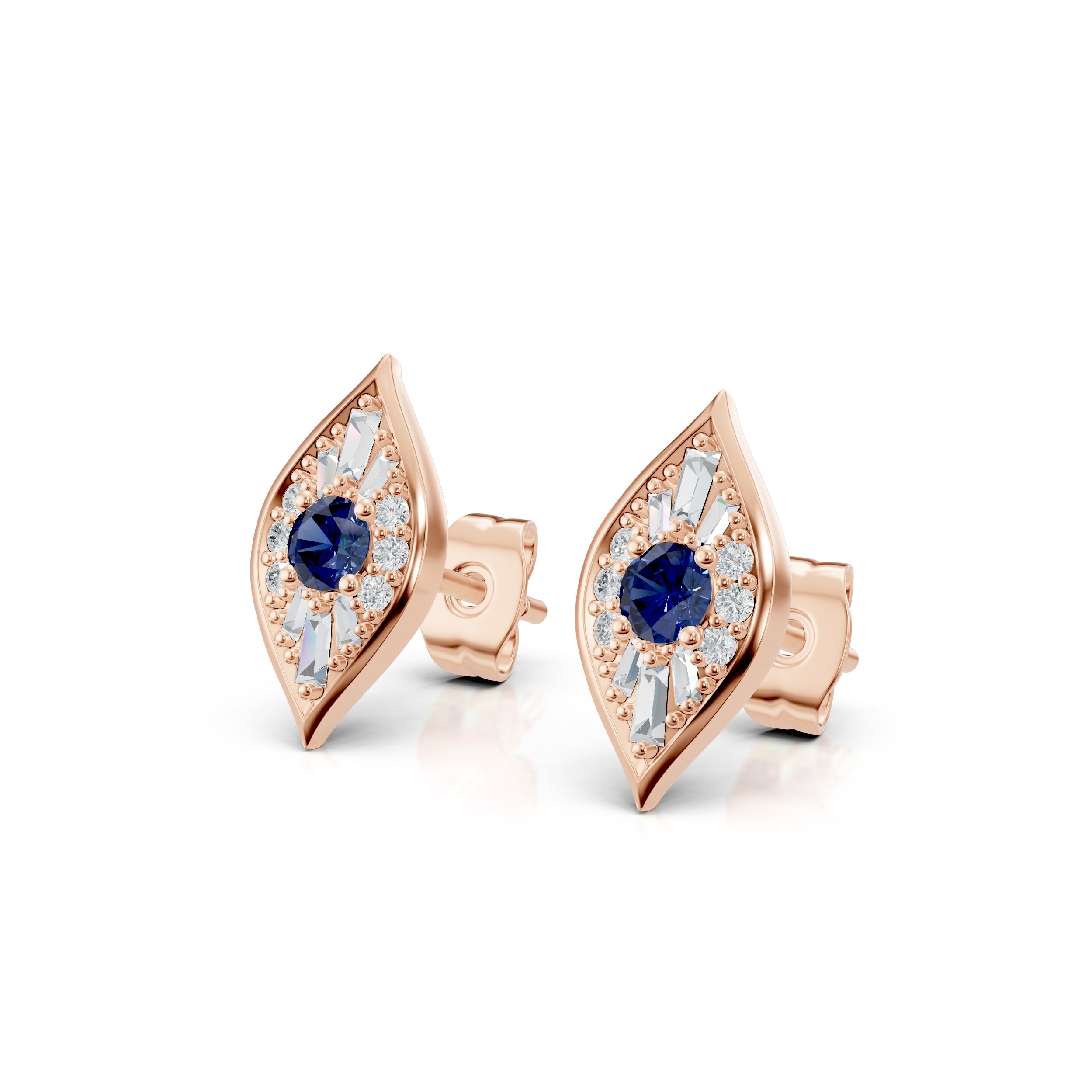 Main view of Modern Mangal Zuri Studs in Rose Gold, with a deep blue sapphire surrounded by glittering diamonds and soft pink-toned gold for a warm, modern take on protective luxury.