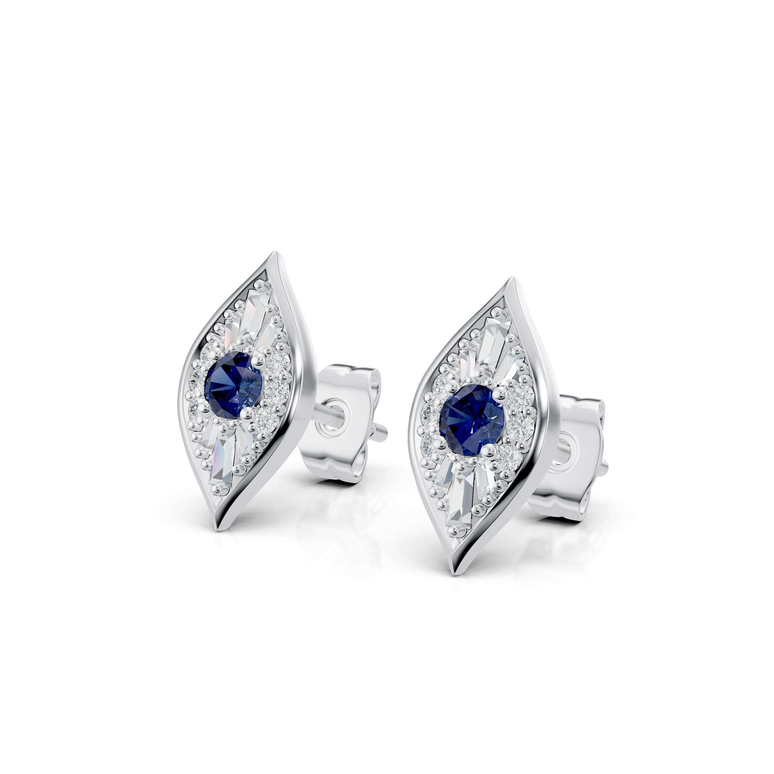 Angled main view of Modern Mangal Zuri Studs in White Gold, showcasing the icy brilliance of the diamonds and vivid blue sapphire framed in a sleek white gold evil eye bezel.