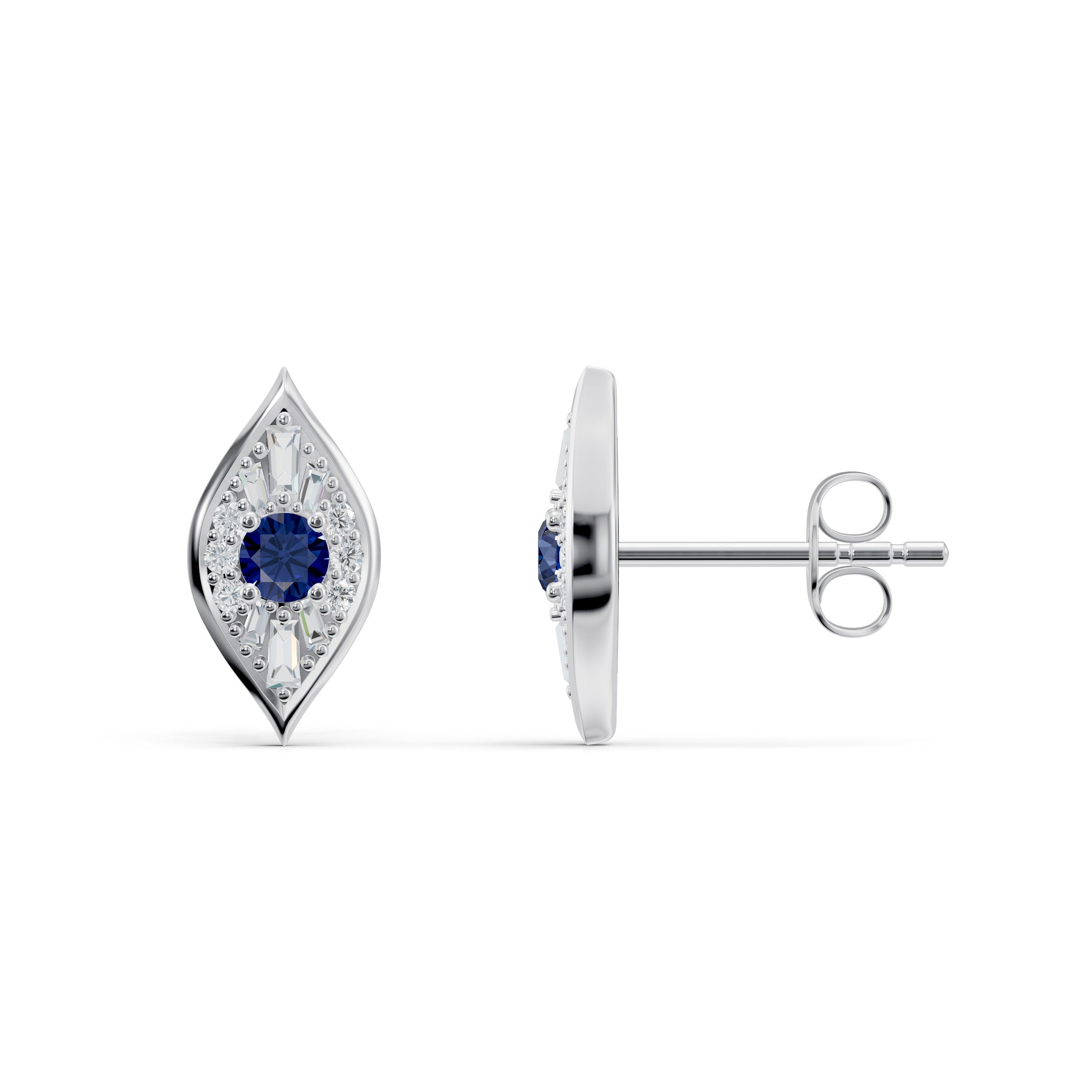 Side and front elevation of Zuri Studs in White Gold from Modern Mangal, highlighting the intricate evil eye-inspired geometry and luxe gold bezel setting with secure posts.