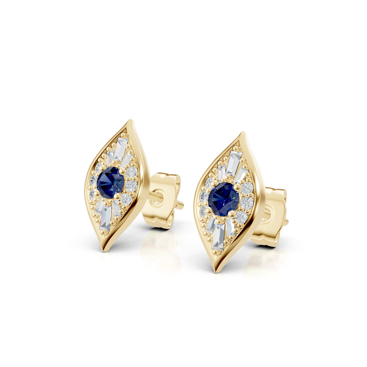 Zuri Studs in 18K yellow gold with mini evil eyes of sapphire and diamonds, front view of the pair