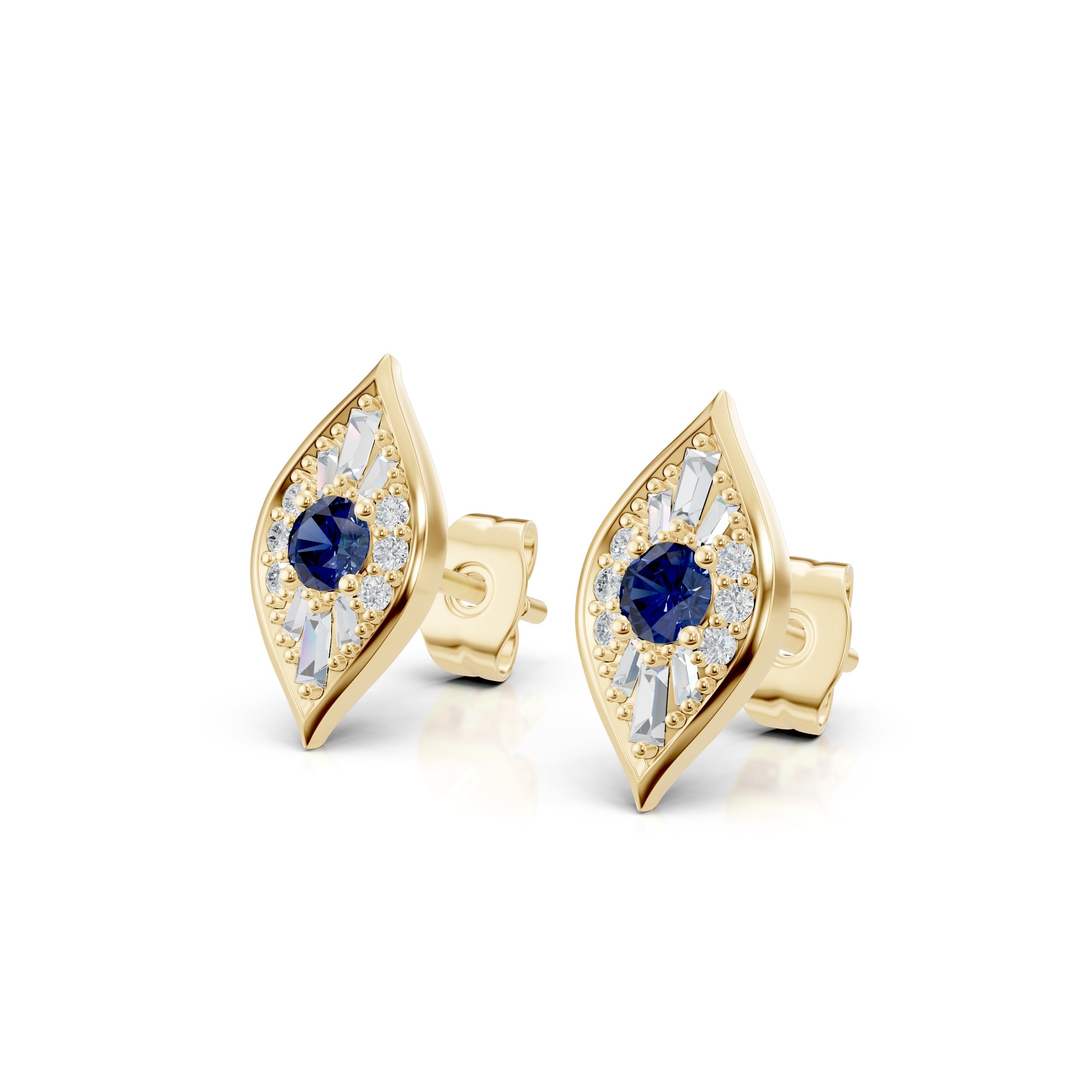 Angled main view of Modern Mangal Zuri Studs in Yellow Gold, featuring bold blue sapphires at the center, surrounded by baguette and round diamonds in an east-west evil eye silhouette.