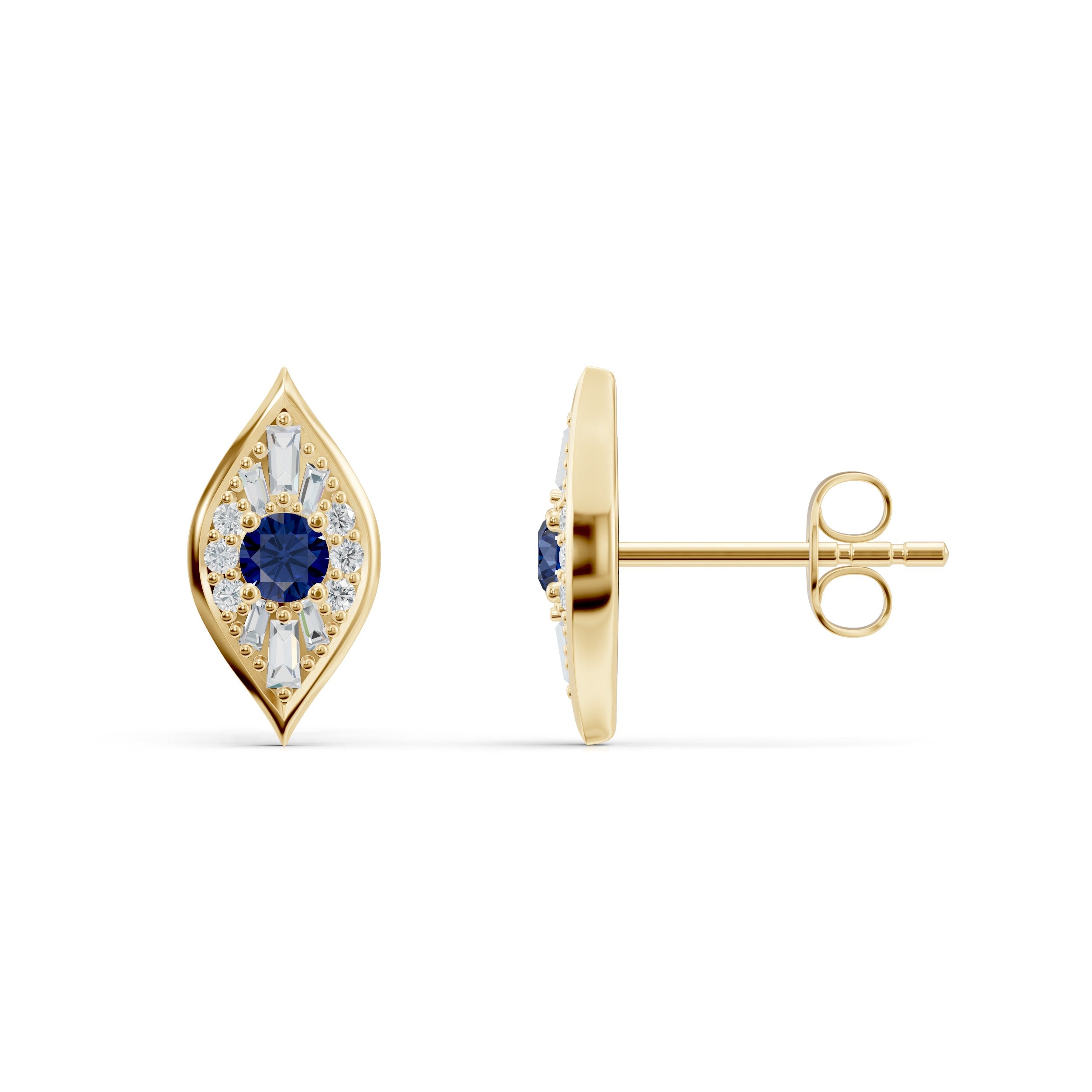 Side and front elevation of Zuri Studs in Yellow Gold from Modern Mangal, highlighting the intricate evil eye-inspired geometry and luxe gold bezel setting with secure posts.